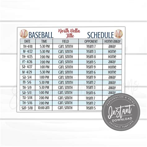 Editable Baseball Schedule Template